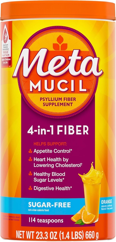 Metamucil 4-σε-1 Psyllium Husk Fiber Συμπλήρωμα, Χωρίς ζάχαρη, 114 κουταλάκια του γλυκού, Πορτοκαλί Γεύση, Καθημερινή Fiber σκόνη για Digestive Health, κατασκευασμένο με Φυτική Psyllium Husk Fiber