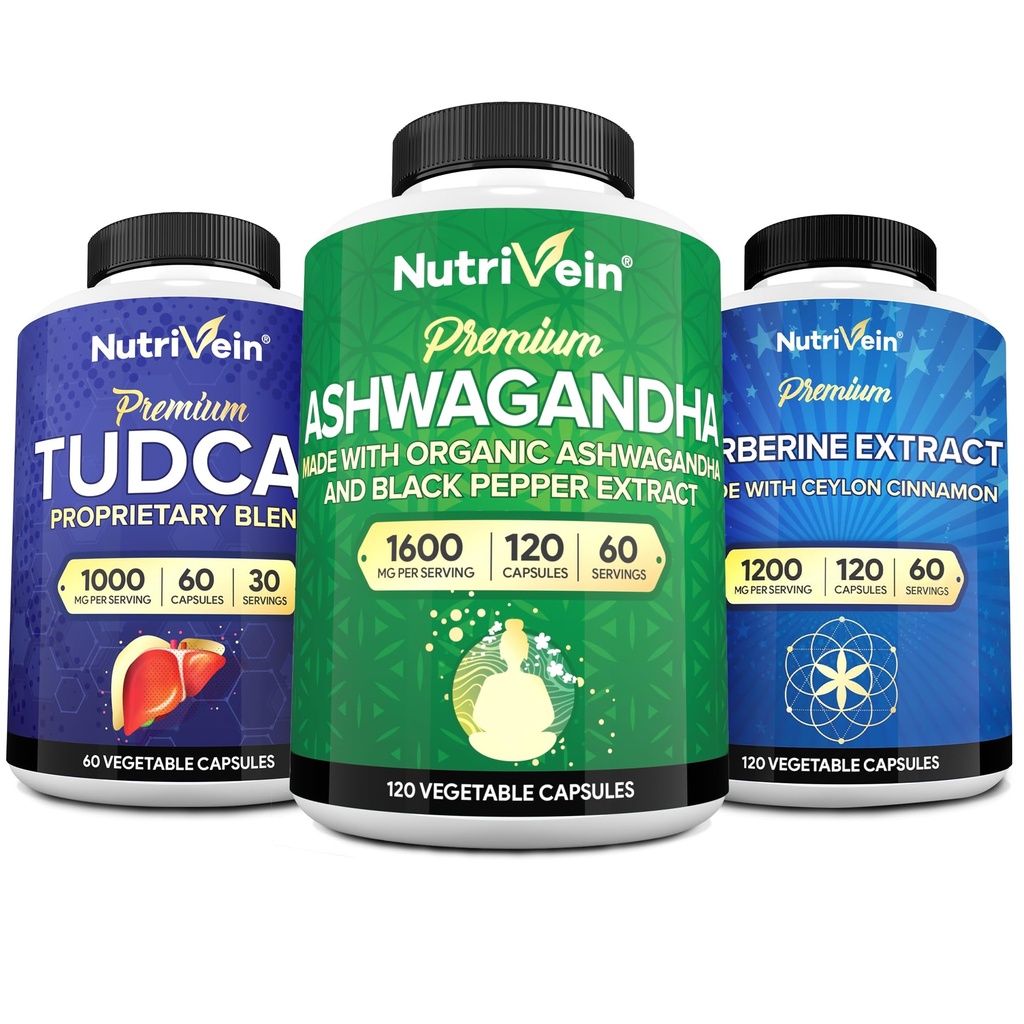 Συμπληρώματα Nutrivein Premium TUDCA, Berberine, και Ashwagandha Συμπληρώματα Bundle: Υψηλής Απορρόφησης Berberine Complex, Ashwagandha Root Extract, & TUDCA για Detox, Vitality & Well-Being
