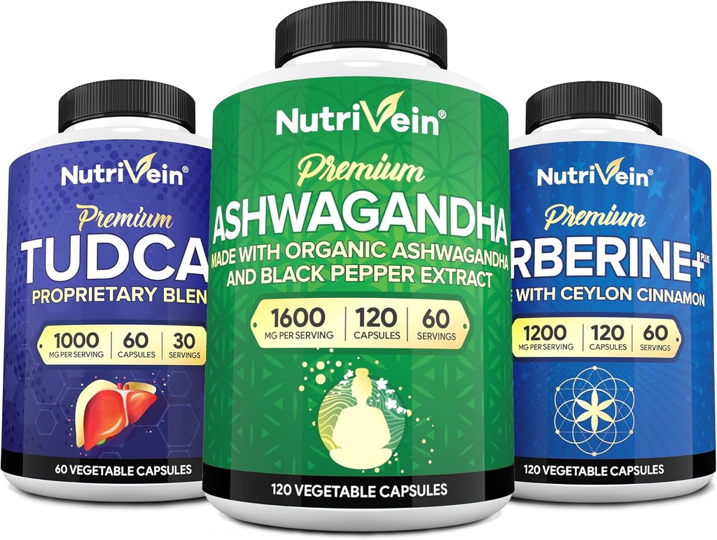 Συμπληρώματα Nutrivein Premium TUDCA, Berberine, και Ashwagandha Συμπληρώματα Bundle: Υψηλής Απορρόφησης Berberine Complex, Ashwagandha Root Extract, & TUDCA για Detox, Vitality & Well-Being