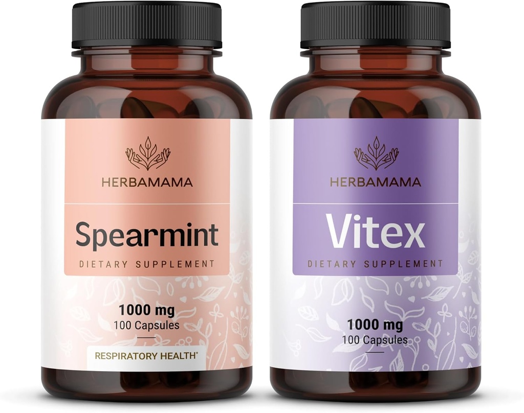 HERBAMAMA Spearmint and Vitex Kit - Bundle 1000 mg Spearmint Leaf & Vitex Κάψουλες Chasteberry - Vegan, Non-GMO, Gelatin-free - 2 Pack