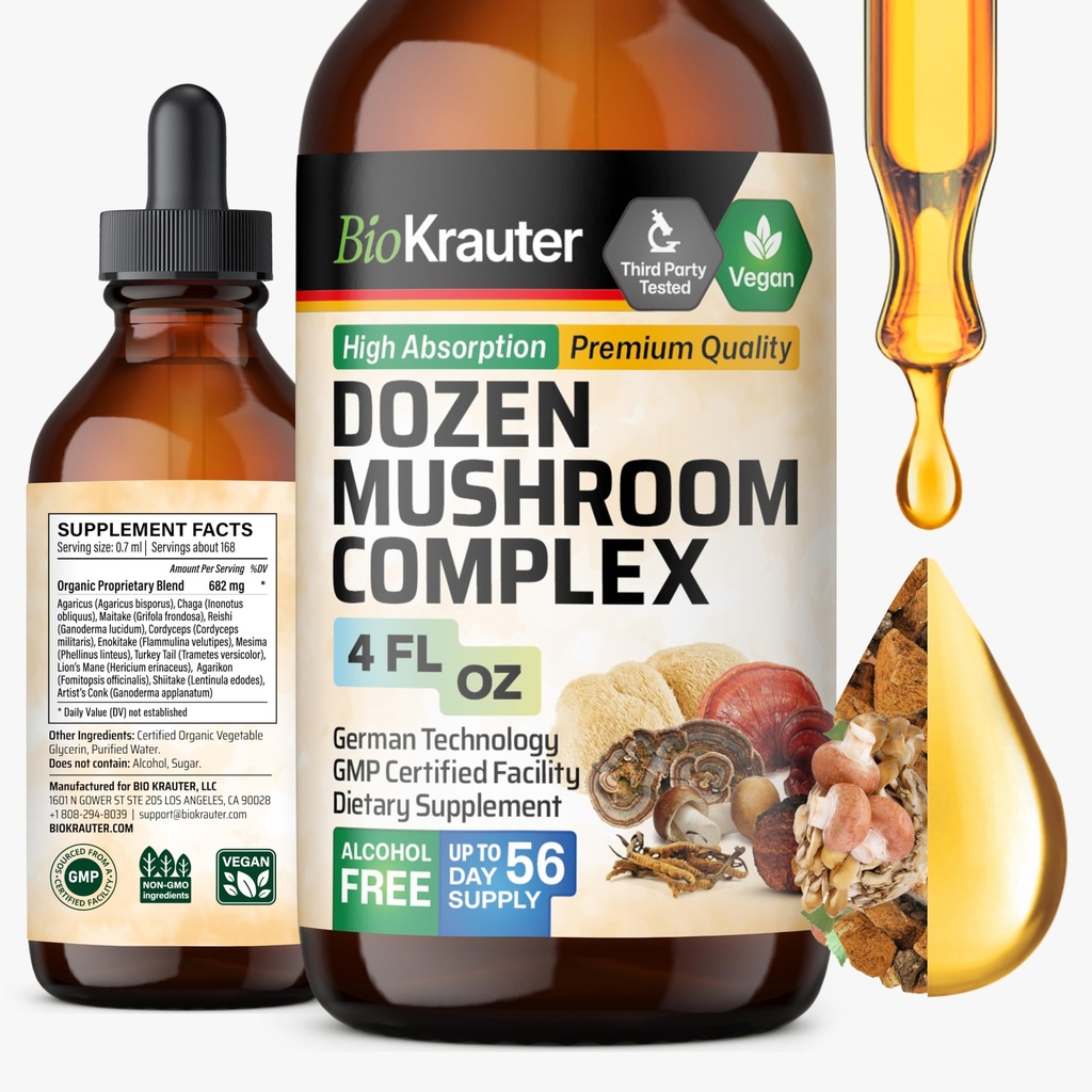 BIO KRAUTER Δεκάδες Mushroom Βάμμα - Immune Support Supplement Drops - Προάγει Digestive & Γνωστική Υποστήριξη - Μη ΓΤΟ, Υγρή Άμυνα Άμυνας Φόρμουλα - 4 fl. oz Μπουκάλι