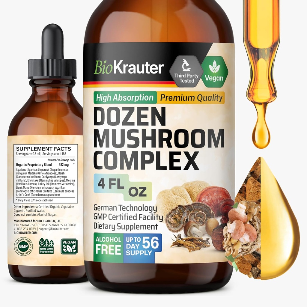 BIO KRAUTER Δεκάδες Mushroom Βάμμα - Immune Support Supplement Drops - Προάγει Digestive & Γνωστική Υποστήριξη - Μη ΓΤΟ, Υγρή Άμυνα Άμυνας Φόρμουλα - 4 fl. oz Μπουκάλι