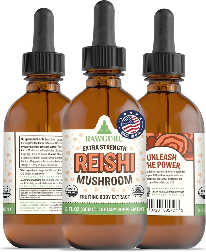 RawGuru Organic Reishi Mushroom Βάμμα - Reishi Mushroom Extract with Natural Trace Minerals - Nano-Processed Συμπληρώματα Γνωστικής & Ανοσολογικής Υποστήριξης - 60 Μερίδες Vegan Drops ανά 60 ml, Συσκευασία 1