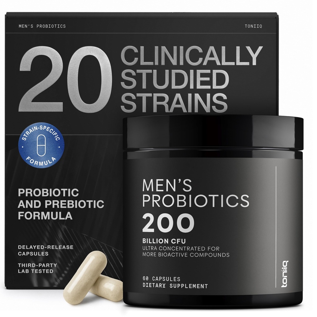 Toniq Mens Probiotic με 20 Επαληθευμένα Στελέχη – 200 Bilion CFU + 200mg FOS Prebiotic – Mens Probiotics for Gut Health - Ψυχρό-Αλυσίδα & Καθυστερημένη-Απαλείφεται – Lab-Δοκιμάζεται Synbiotic Formula