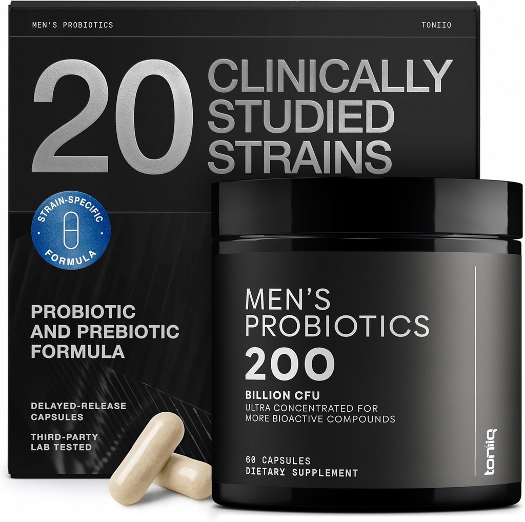 Toniq Mens Probiotic με 20 Επαληθευμένα Στελέχη – 200 Bilion CFU + 200mg FOS Prebiotic – Mens Probiotics for Gut Health - Ψυχρό-Αλυσίδα & Καθυστερημένη-Απαλείφεται – Lab-Δοκιμάζεται Synbiotic Formula