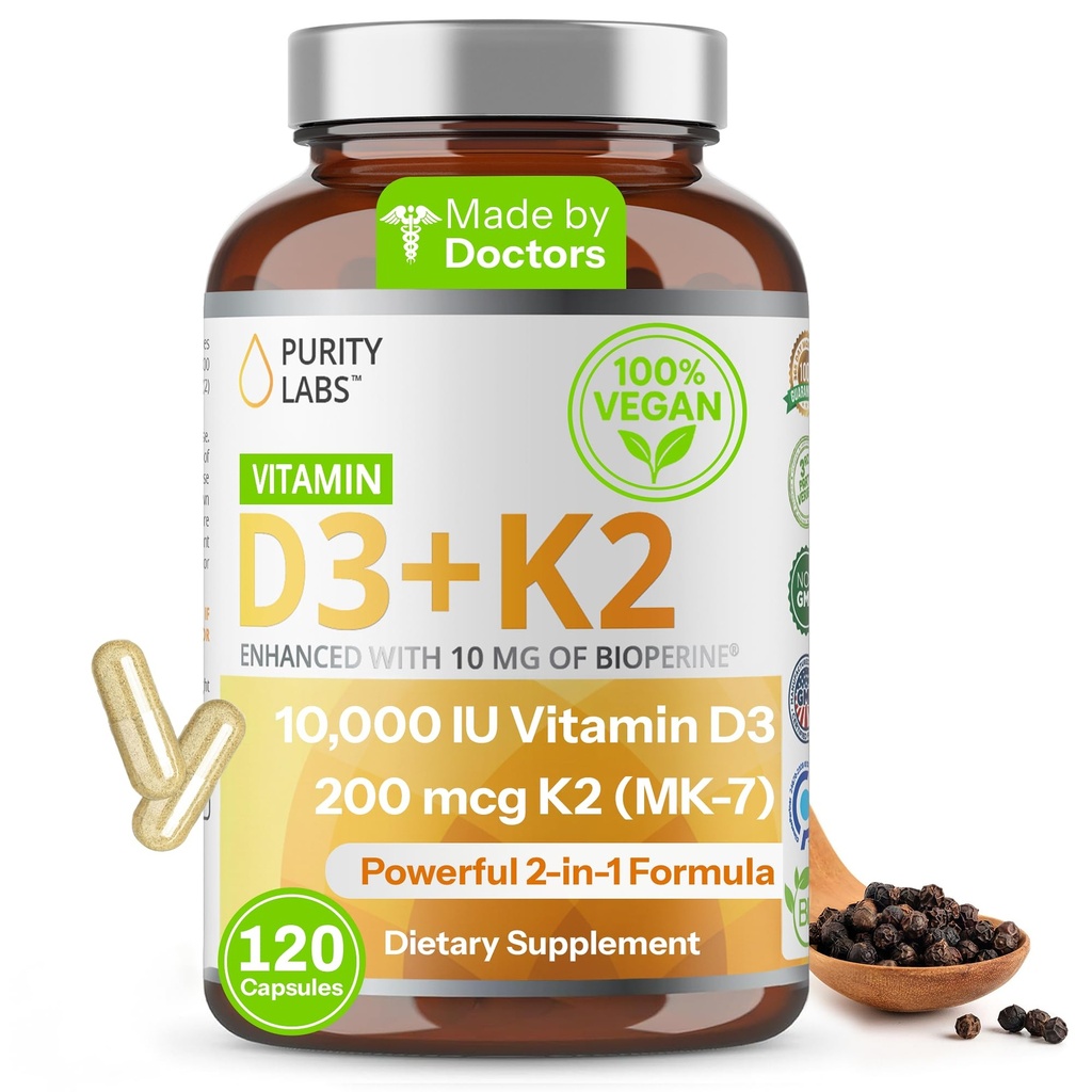 Εργαστήρια Καθαρότητας Βιταμίνη D3 K2 10000 IU, (250mcg) D3 + 200mcg K2 MK7 - Συμπλήρωμα Ανοσολογικής Υποστήριξης Ενισχυμένη με Βιοπερίνη - Συμπληρώματα Ημερήσιας Άμυνας, Οστού, Μυός & Δέρμα - 120 Κάψουλες