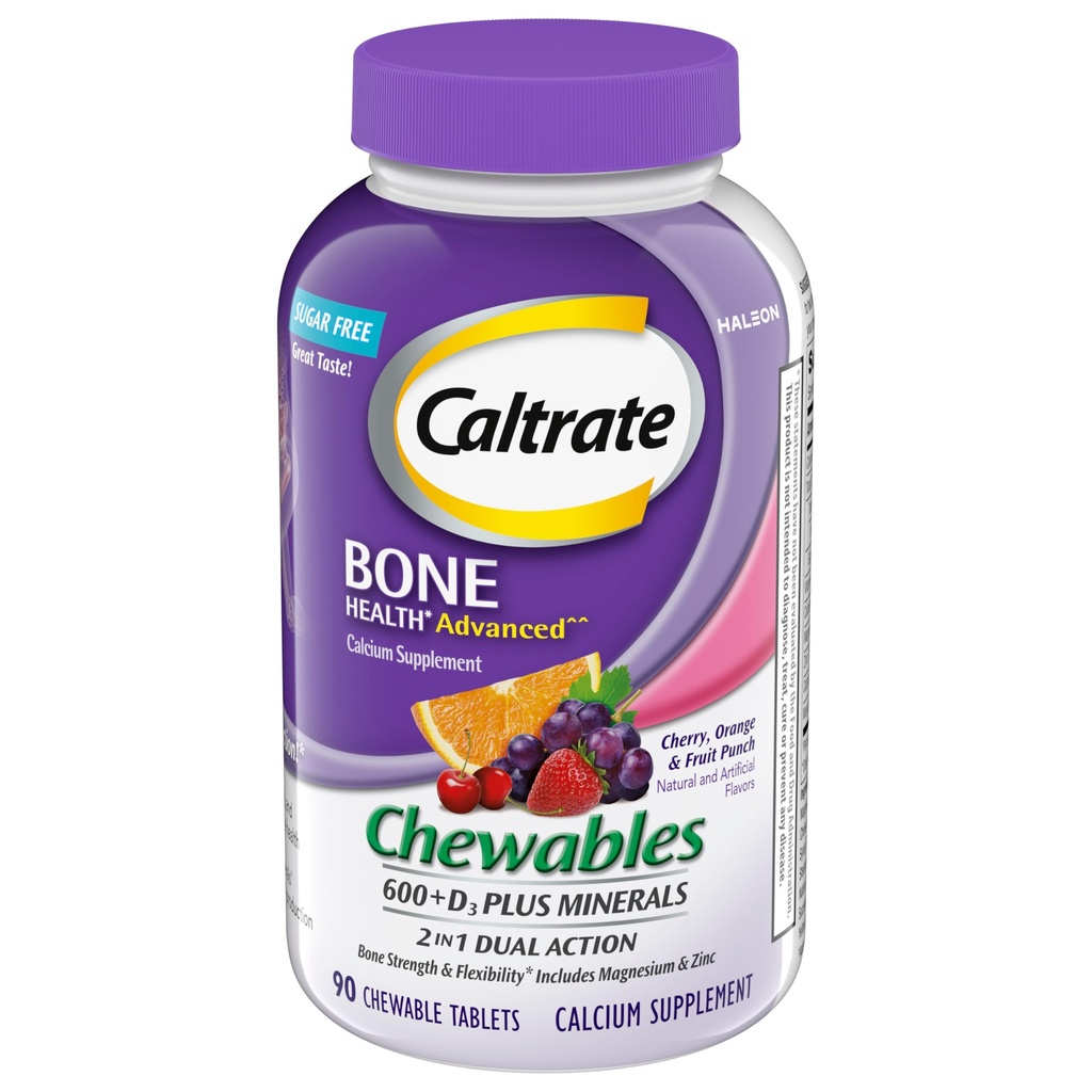 Caltrate Chewables 600 +D3 Plus Ορυκτά Ασβέστιο και Βιταμίνη D, Χωρίς ζάχαρη, Κεράσι, Πορτοκαλί και Φρούτα Punch, 90 Count