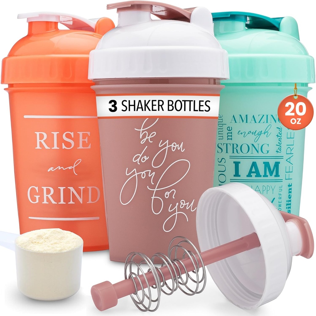 GOMOYO [3-Pack] 20-Ounce Shaker Bottle with Action-Rod Mixer | Protein Shaker Bottle with Motivational Quotes | Shakers for Protein Shakes are BPA Free and Dishwasher Safe | Coral, Mint, & Rose