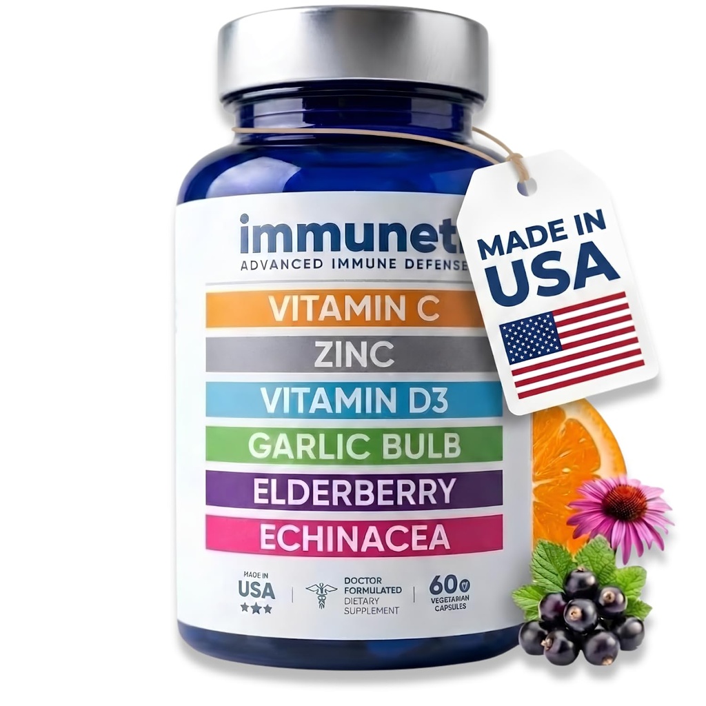 Immuneti Advanced Immune Support – Doctor Formulated 6-in-1 Daily Immunity Supplement – Made in USA – With Vitamin C, D3, Zinc, Elderberry, Garlic & Echinacea - Vital Nutrients & Antioxidants (1)