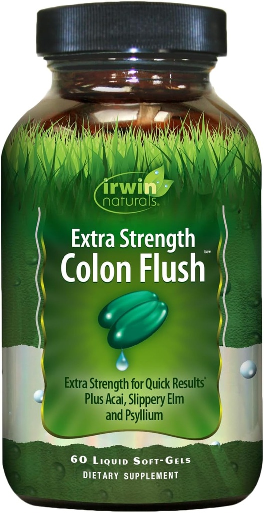 Irwin Naturals Extra Strength Colon Flush Quick & Powerful Digestive + Συμπλήρωμα υποστήριξης δυσκοιλιότητας με Psyllium, Acai, Triphala + Καταπραϋντικά Βοτανικά - 60 Liquid Softgels