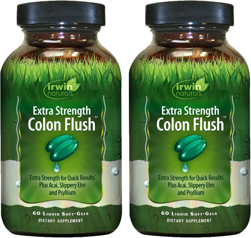 Irwin Naturals Extra Strength Colon Flush Quick & Powerful Digestive + Συμπλήρωμα υποστήριξης δυσκοιλιότητας με Psyllium, Acai, Triphala + Καταπραϋντικά Βοτανικά - 60 Liquid Softgels