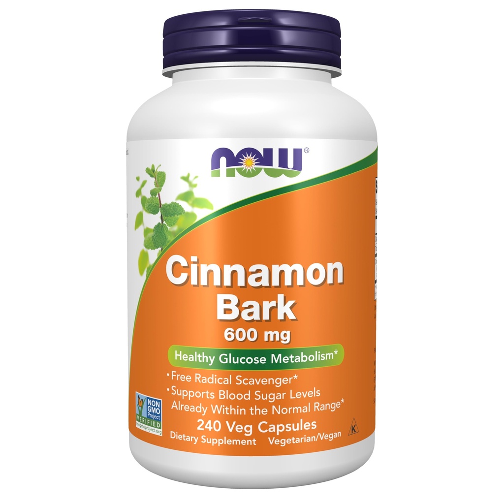 NOW Συμπληρώματα Τροφίμων, Κανέλα Bark 600 mg, Μη ΓΤΟ Πρόγραμμα Επαληθευμένο, Υγιής Μεταβολισμός Γλυκόζης *, 240 Κάψουλες Veg