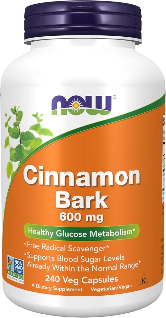 NOW Foods Supplements, Cinnamon Bark 600 mg, Non-GMO Project Verified, Healthy Glucose Metabolism*, 240 Veg Capsules