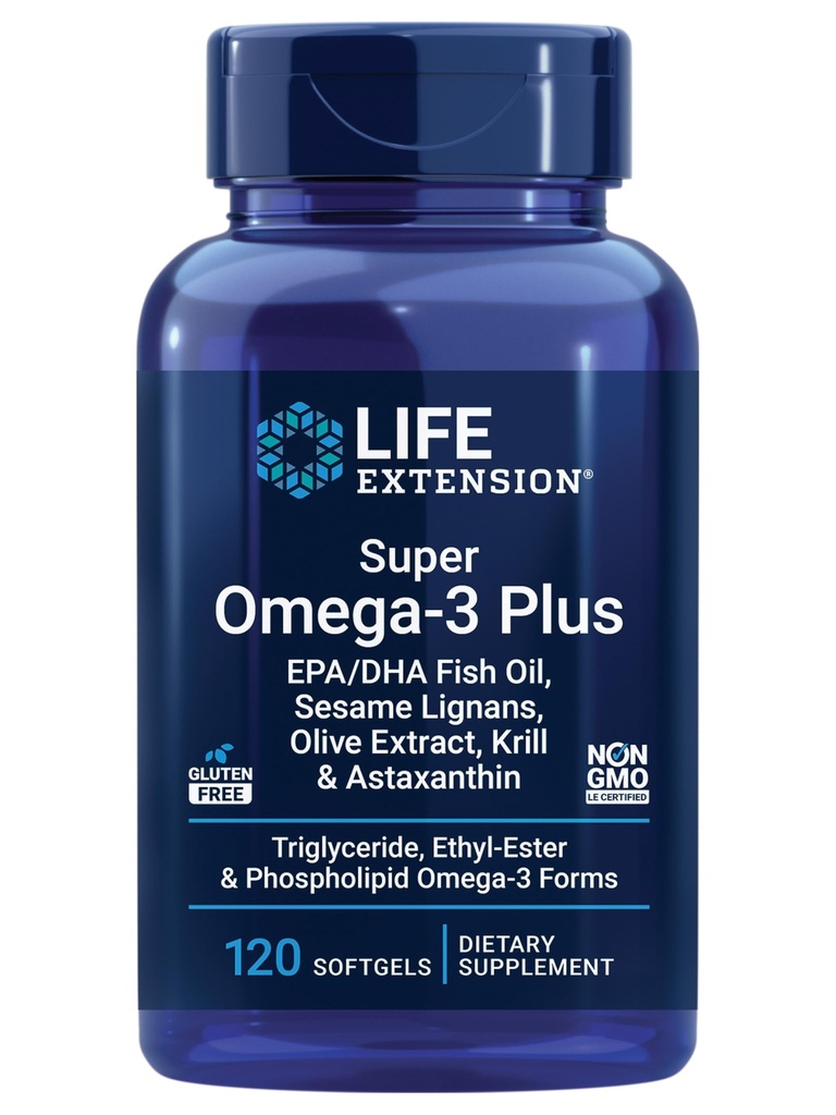 Επέκταση ζωής Super Omega-3 Plus EPA/DHA ιχθυέλαιο, Sesame Lignans, εκχύλισμα ελιάς, κριλ & Ασταξανθίνη - Καρδιά, εγκέφαλος και κοινή υποστήριξη υγείας - χωρίς γλουτένη, μη GMO - 120 Softgels