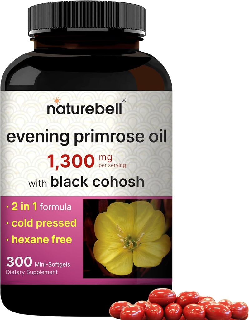 NatureBell Evening Primrose Oil με Μαύρο Cohosh, 1.300mg ανά υπηρεσία, 300 Mini-Softgels 