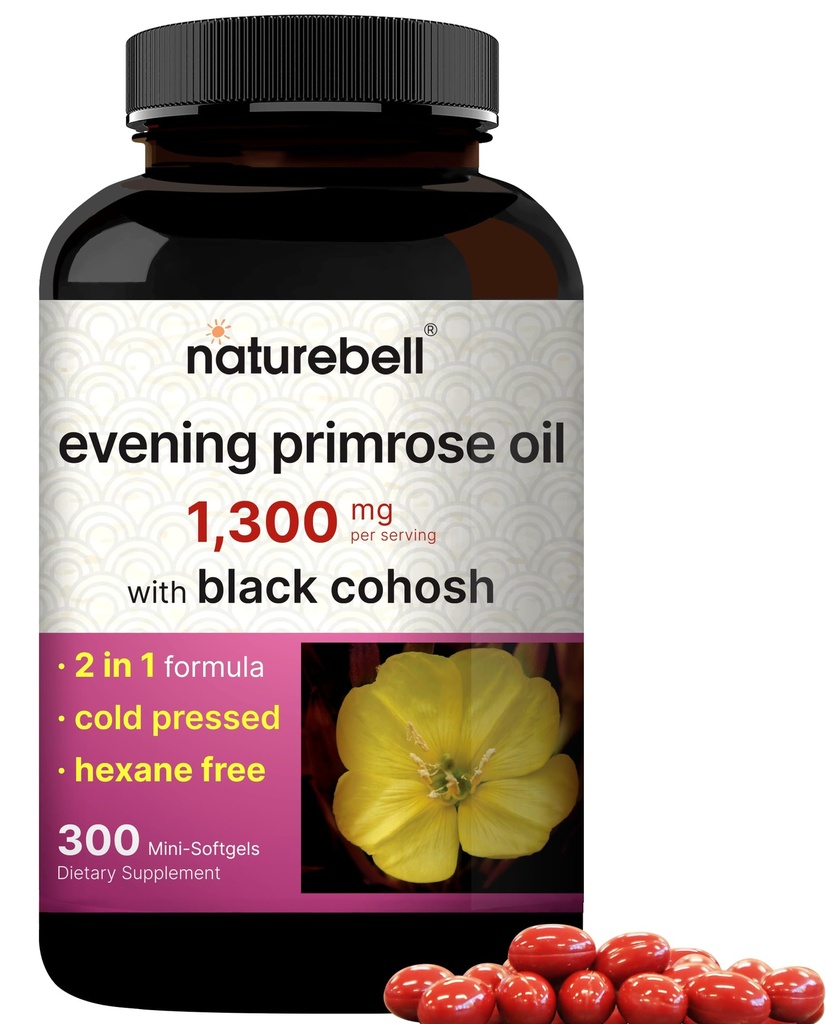 NatureBell Evening Primrose Oil με Μαύρο Cohosh, 1.300mg ανά υπηρεσία, 300 Mini-Softgels 