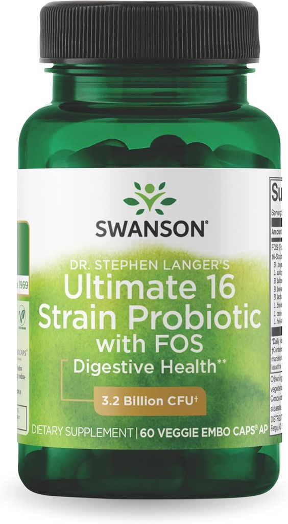 Swanson Dr. Stephen Langer's Formula - Φυσικό προβιοτικό w/Prebiotic FOS - 16-Strain Supplement Promotion Digestive Support w/ 3.2 Δισεκατομμύρια CFU ανά κάψουλα - (60 Veggie Κάψουλες)
