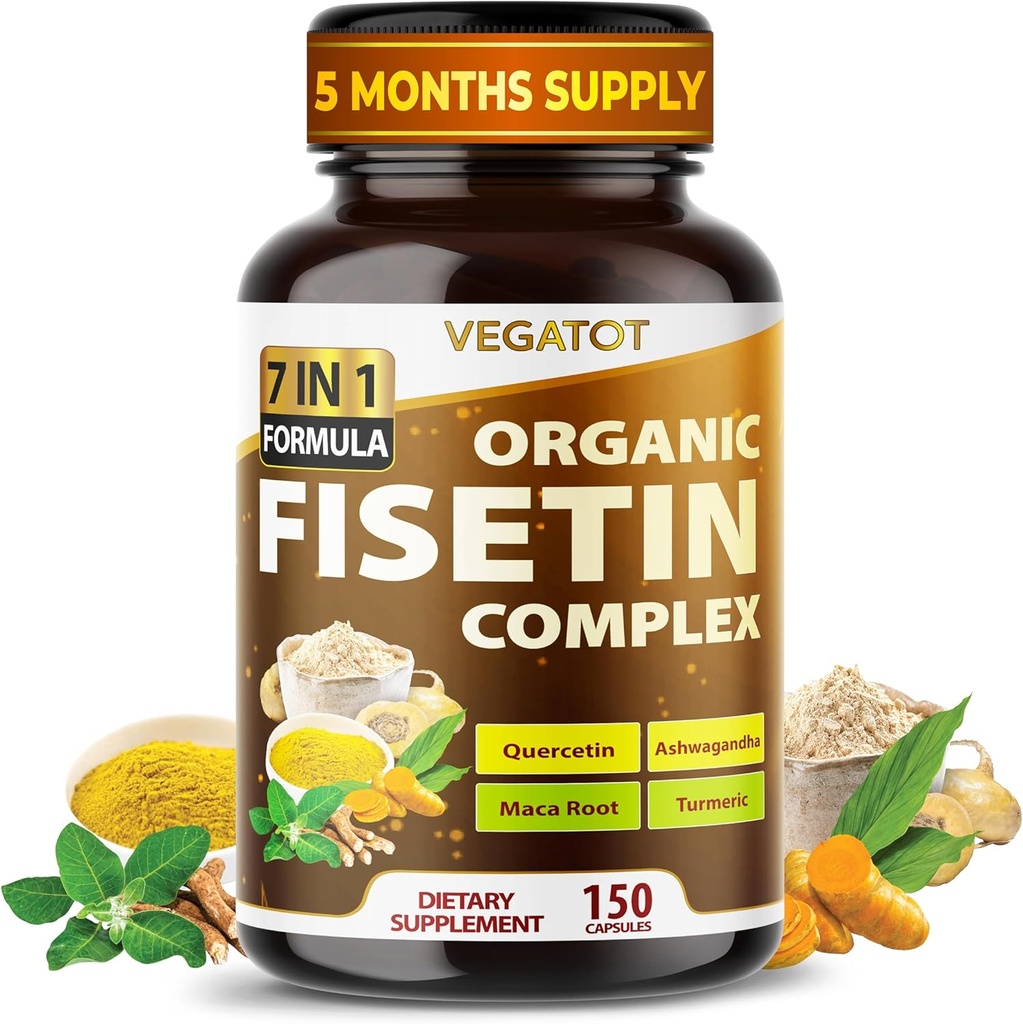 VEGATOT Organic Fisetin Complex 7-in-1 Formula | with Quercetin, Resveratrol, Ashwagandha, Maca Root, Turmeric, Black Pepper | 150 Capsules | Non-GMO, Gluten-Free
