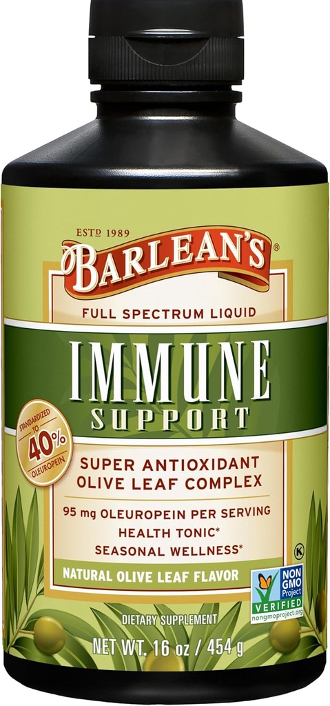 Barlean's Olive Leaf Complex Liquid Immune Support Supplement with 95mg Oleuropein Antioxidants for Seasonal Wellness, Heart Health, & Immune System Booster, 16 Ουγγιά