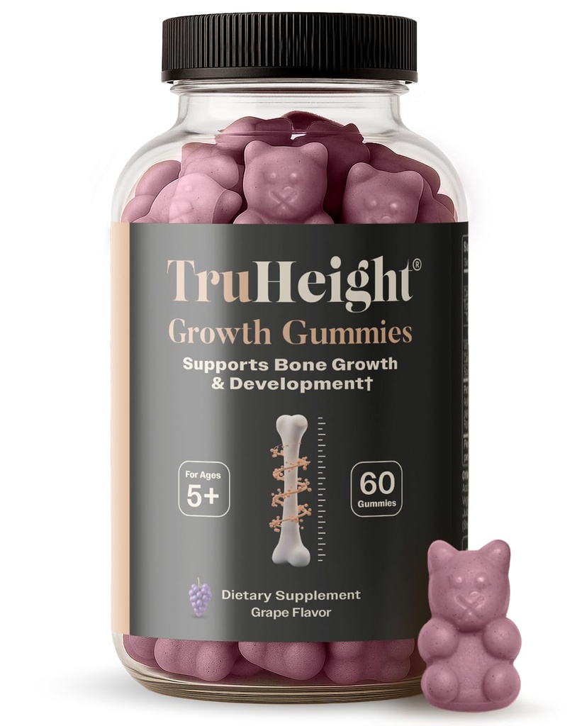 TruHeight Growth Gummies (Grape) Natural Growth & Development Supplement for Kids & Teens - Βιταμίνη D, K, Calcium & Ashwagandha - Βιταμίνες αντοχής των οστών D3 K2 - Picky Eater Vitamin for Kids - Ηλικίες 5+