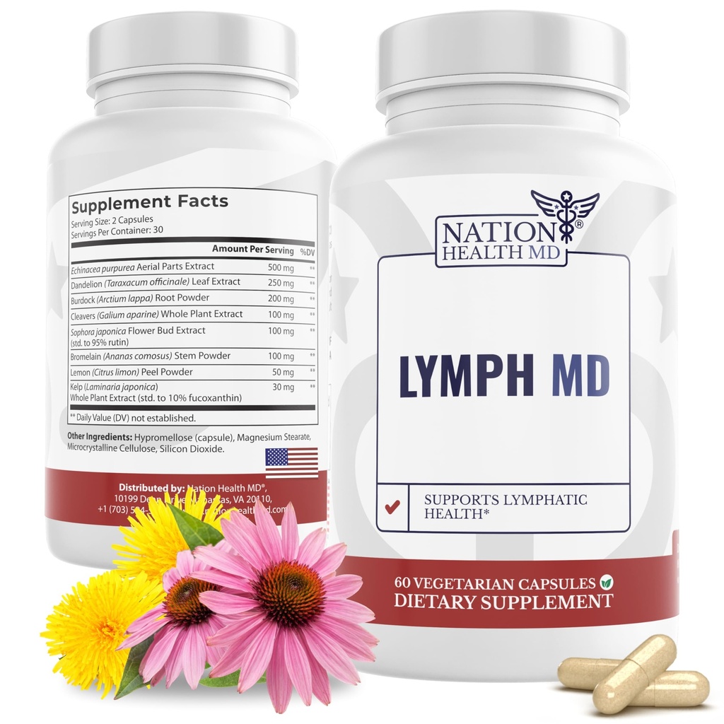 Lymph MD - Lymphatic Drainage Supplement - με Bromelain, Echinacea, Burdock Root, Dandelion, Rutin, Kelp & More - Lymph System Support for Women & Men - 60 Κάψουλες