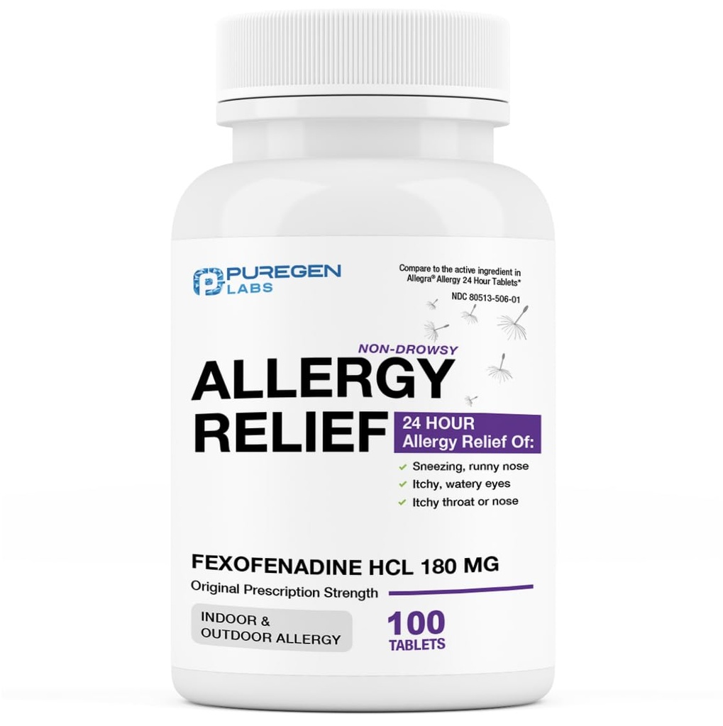 Puregen Labs Αλλεργία Ανακούφιση, Fexofenadine 180mg, 100 Tablets – 24 ώρες Αντιισταμίνη Αλλεργική Ιατρική για Runny μύτη, Φτάρνισμα, Ίτσι, Υδάτινα Μάτια - Made in USA