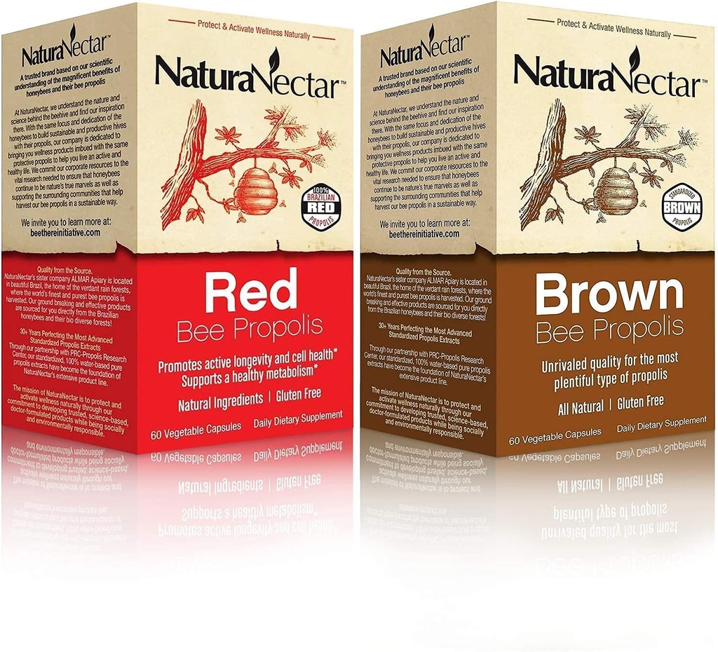NaturaNectar Natural Bee Propolis Bundle - Κόκκινη Πρόπολη και Μπράουν Πρόπολη - για την υποστήριξη του ανοσοποιητικού, την αναπνευστική υγεία και τον υγιή μεταβολισμό - 60 κάψουλες ανά φιάλη
