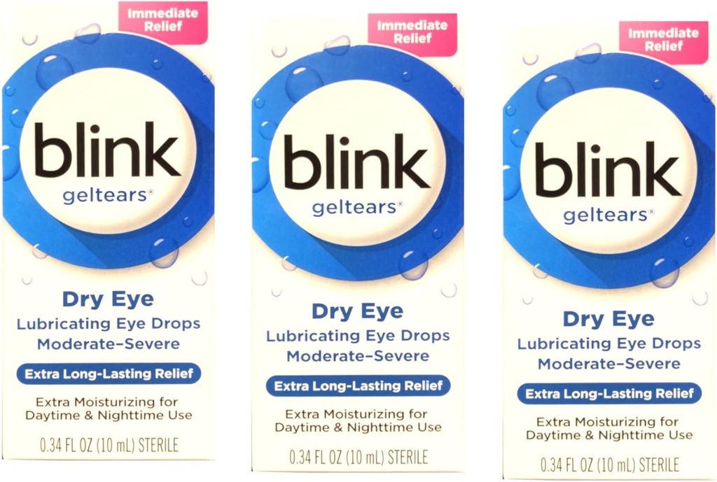 Blink GelTears Lubricating Οφθαλμικές σταγόνες για ξηρό μάτι, Extra Long-Lasting Relief, Ενυδατική Φόρμουλα, Μέτρια έως Σοβαρή ξηρότητα, 0,34 fl oz (Pack of 3)