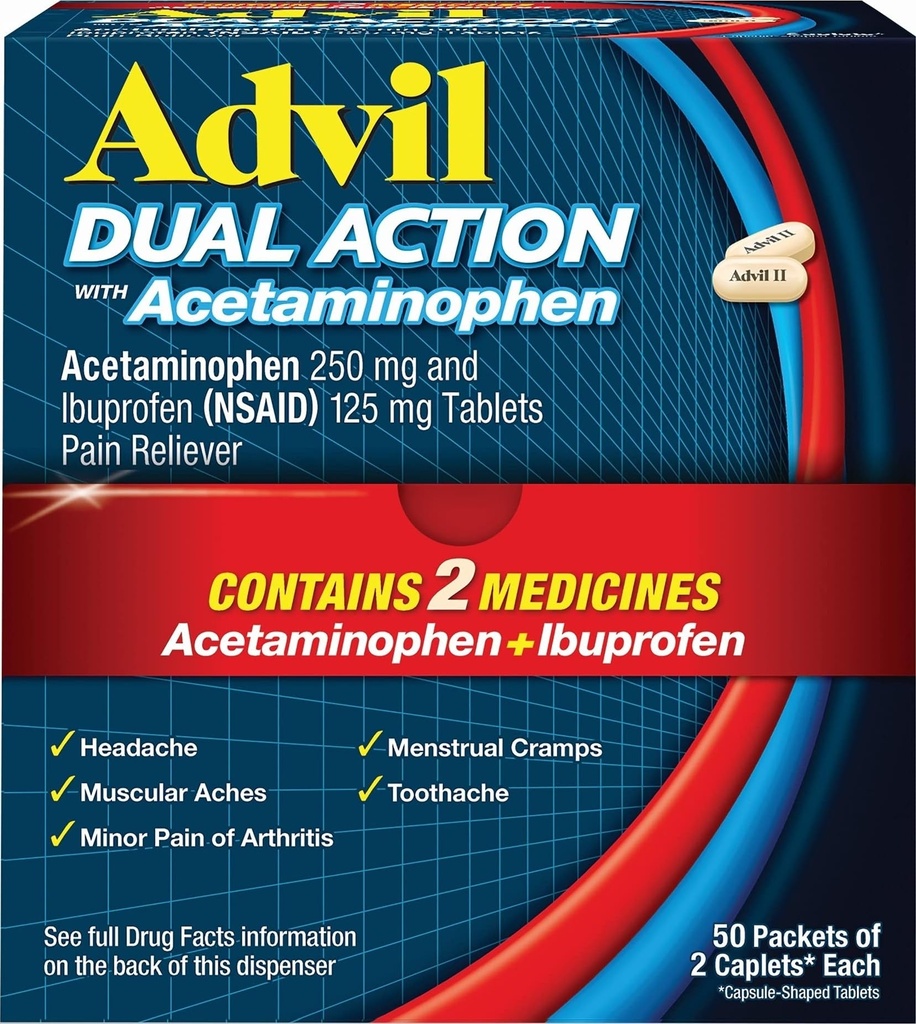 Επικαλυμμένο με Advil Dual Action Caplets με Acetaminophen, 250 Mg Ibuprofen και 500 Mg Acetaminophen Ανά Δόση (2 Ισοδύναμο Δόσης) για Ανακουφισμό Πόνου 8 ωρών - 2 Αριθμός x 50