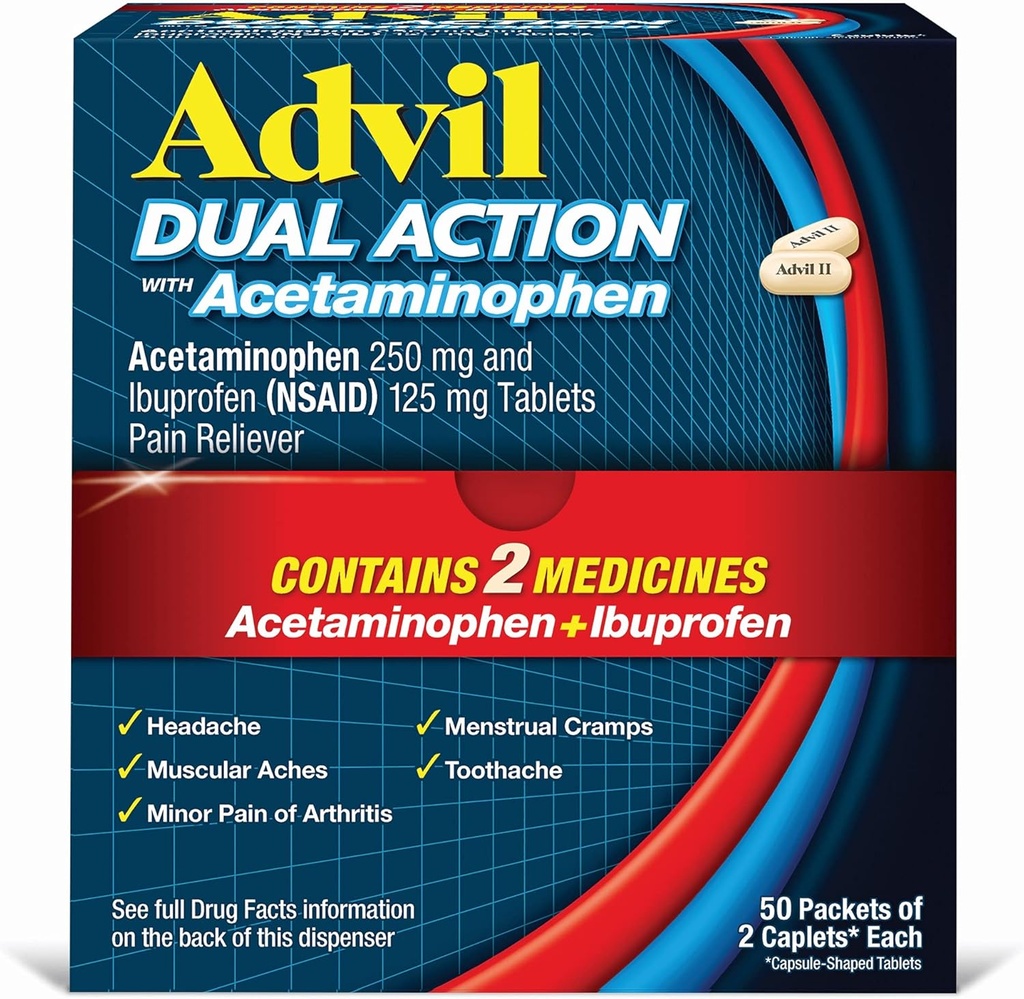 Επικαλυμμένο με Advil Dual Action Caplets με Acetaminophen, 250 Mg Ibuprofen και 500 Mg Acetaminophen Ανά Δόση (2 Ισοδύναμο Δόσης) για Ανακουφισμό Πόνου 8 ωρών - 2 Αριθμός x 50
