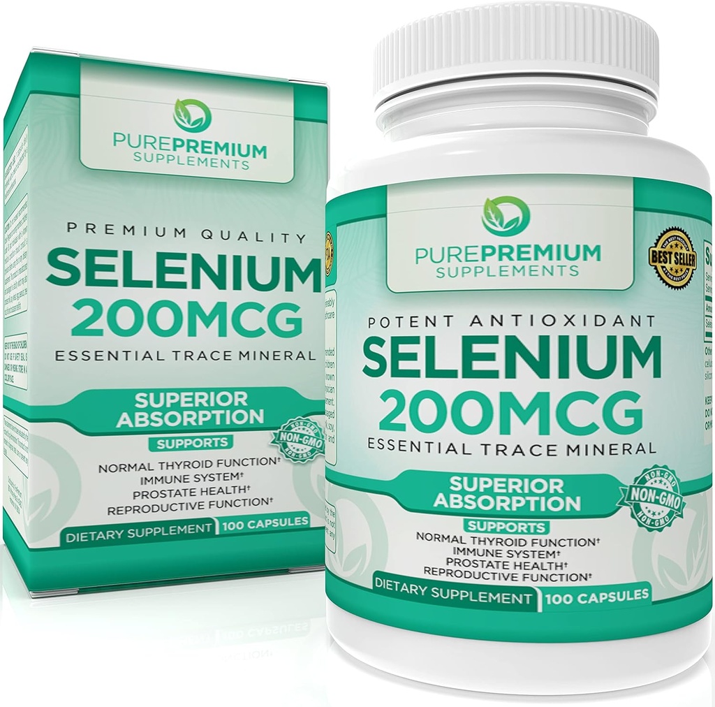 PurePremium Selenium 200mcg συμπλήρωμα - L Selenomethionine Essential Mineral - Καθημερινή υποστήριξη για το φυσιολογικό θυρεοειδές, ανοσοποιητικό σύστημα