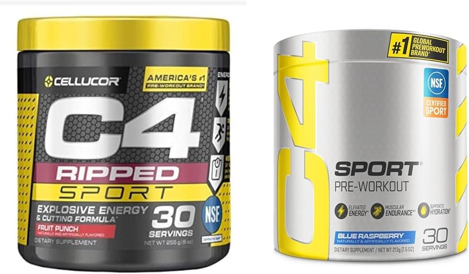 C4 Rippped Sport Pre Processed Punch Φρούτων Σκόνης - NSF Certified for Sport + Ζάχαρη Δωρεάν & C4 Sport Pre Workout Powder Blue Raspberry - Προεργασία Ενέργειας