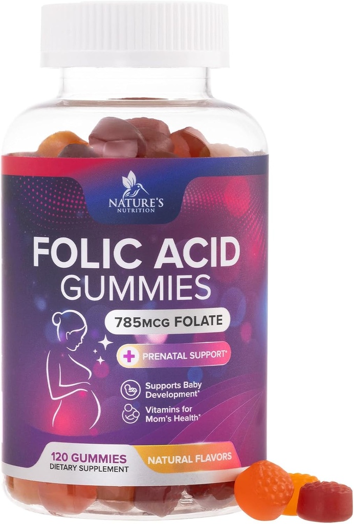Φολικό οξύ Gummies για τις γυναίκες 785 mcg, Απαραίτητες προγεννητικές βιταμίνες για τη μαμά & το μωρό, Vegan Folic συμπλήρωμα Gummy, καθημερινή βιταμίνη B9 επιπλέον Folate δύναμη, πριν από τη διάρκεια μετά την εγκυμοσύνη - 120 Gummies