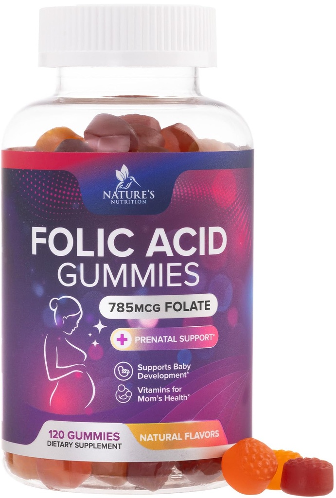 Φολικό οξύ Gummies για τις γυναίκες 785 mcg, Απαραίτητες προγεννητικές βιταμίνες για τη μαμά & το μωρό, Vegan Folic συμπλήρωμα Gummy, καθημερινή βιταμίνη B9 επιπλέον Folate δύναμη, πριν από τη διάρκεια μετά την εγκυμοσύνη - 120 Gummies