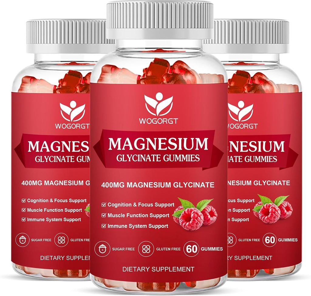Glycinate Gummies Μαγνήσιο - 400mg Glycinate Gummy Μαγνήσιο με βιταμίνη D, B6, και CoQ10, συμπλήρωμα μαγνησίου για την χαλάρωση και τη γνώση, Χωρίς ζάχαρη - 60 Gummies Βατόμουρο (3 Συσκευασία)