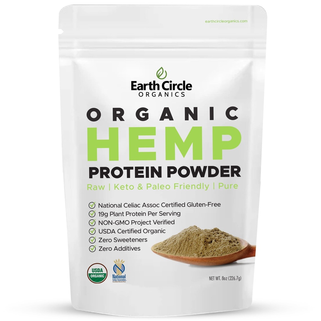 Earth Circle Organics Organic Hemp Protein Powder, Gluten Free, Plant Based & Vegan Ακατέργαστη Πρωτεϊνική Σκόνη - Ιδανική για Keto, Meal Replacement Shakes, Pre-Education and Post Workout (8oz, Pack of 1)