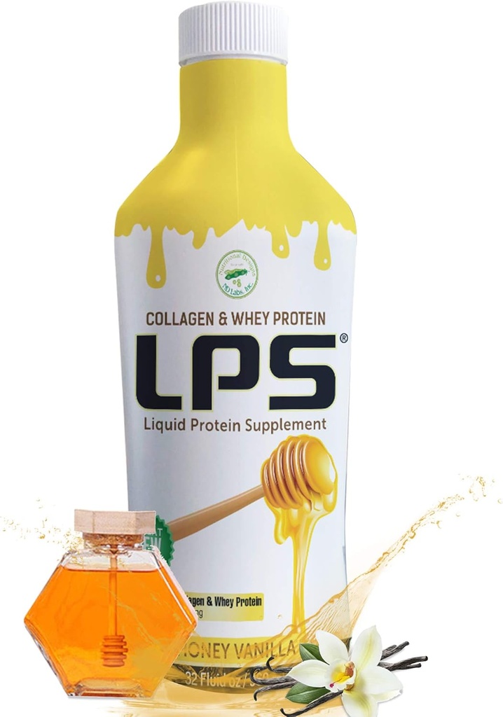 LPS Liquid Collagen & Whey Protein Supplement - Ζάχαρη-free, Dye-free, Μη-GMO Drink - Υδρολυμένο Collagen & Whey Peptides Προωθεί Υγιεινό Δέρμα & Μαλλιά για Άνδρες & Γυναίκες, Μέλι Βανίλια, 32 fl oz