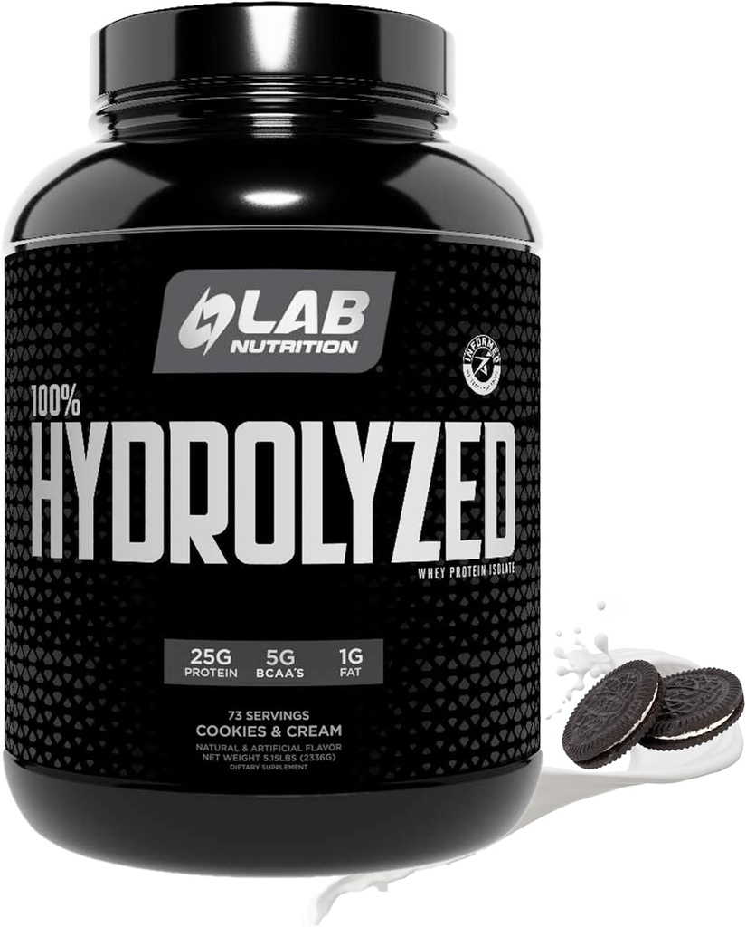 100% Hydrolyzed Whey Protein Isolate (5 Pounds, Cookies and Cream Flavor) 25gr of Protein, Build Muscle, Lean Muscle Growth, Easy Digestion, Gluten Free, Lactose Free, Fast Absorbing.