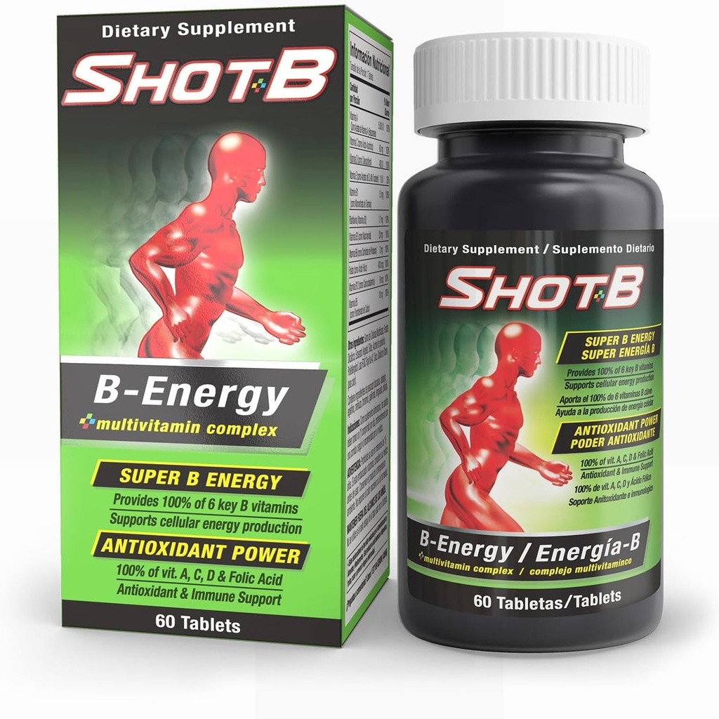 Shot B Multivitamin Complex, B-Energy, Βιταμίνη B Complex με Αντιοξειδωτική Υποστήριξη, B Complex Vitamins με A, C, D, E & Folic Acid για Κυτταρική Ενέργεια & Ανοσοποιητική Υγεία - 6 B Key Vitamins, 60 Count