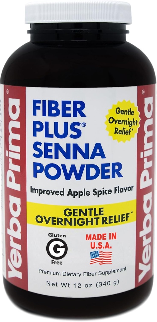 Yerba Prima Fiber Plus Senna Powder, 12 oz (Pack of 1) - Apple Spice Flavor, Gentle Overnight Relief, USA Made, Non-GMO, Stevia Sweetened, Short-Term Χρήση για την αποκατάσταση της κανονικότητας