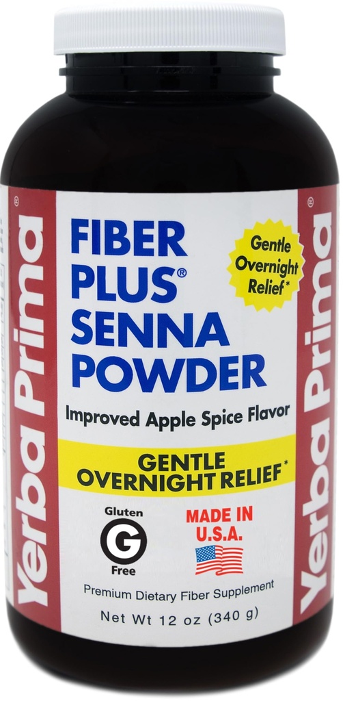 Yerba Prima Fiber Plus Senna Powder, 12 oz (Pack of 1) - Apple Spice Flavor, Gentle Overnight Relief, USA Made, Non-GMO, Stevia Sweetened, Short-Term Χρήση για την αποκατάσταση της κανονικότητας