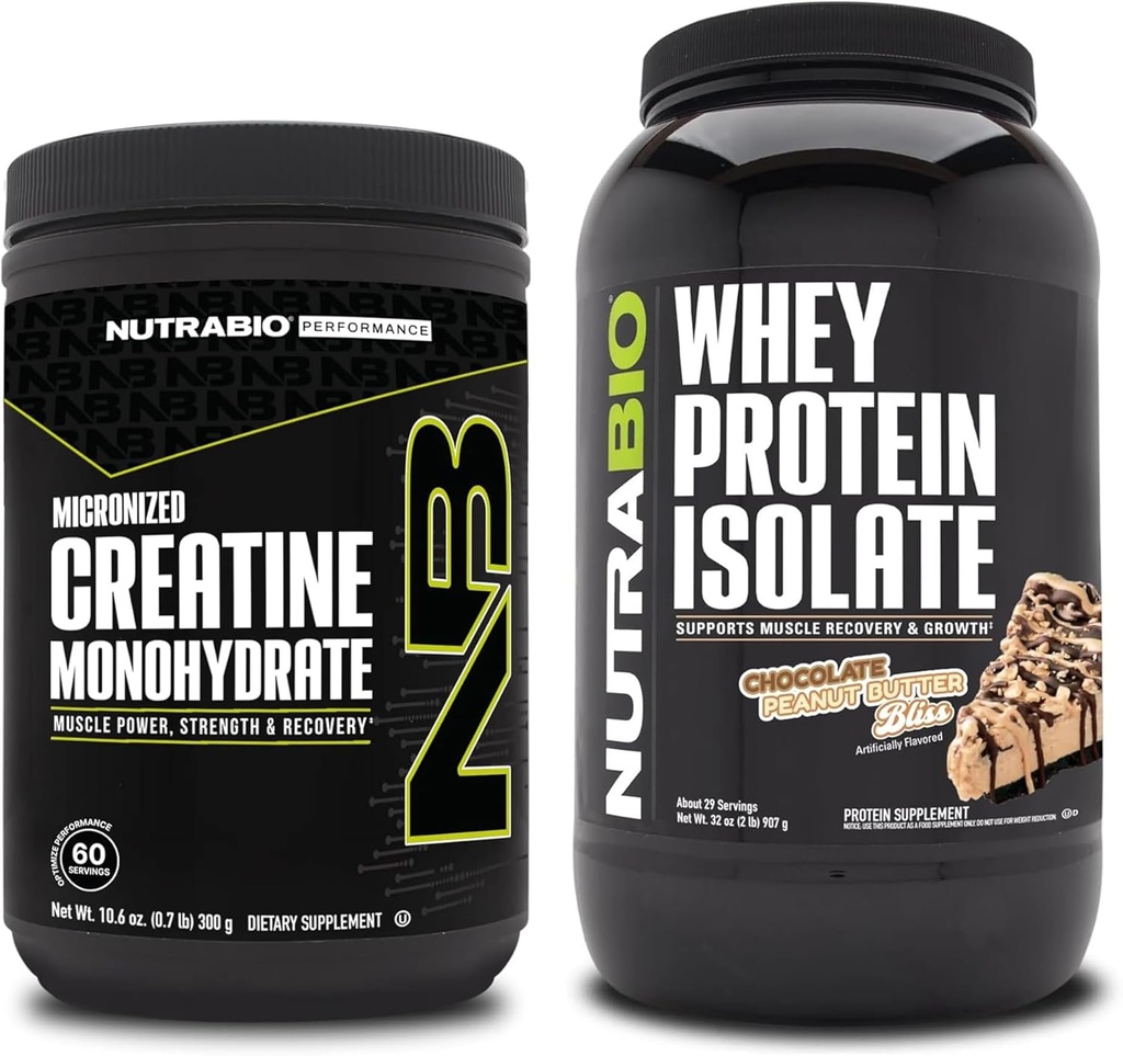 NutraBio Creatine Monohydrate, Unflavored, 300g και Whey Protein Isolate, Σοκολάτα Φυστικοβούτυρο, συμπλήρωμα Bundle - μυϊκή ενέργεια, Lean μυϊκή ανάπτυξη, ανάκτηση, και δύναμη