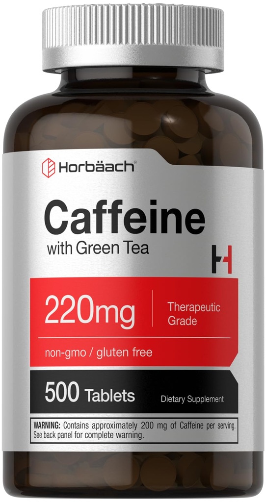 Χάπια καφεΐνης Horbäach 220mg με πράσινο τσάι 500 δισκία χορτοφαγικά, μη ΓΤΟ & χωρίς γλουτένη