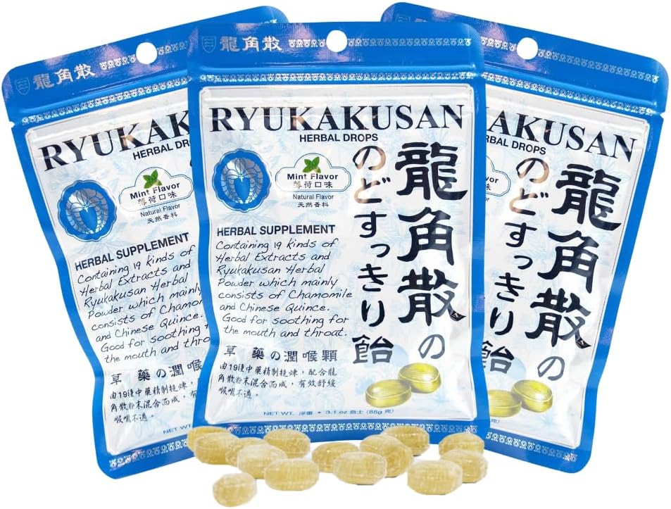 Ηλιακή Ιατρική Εταιρεία Ryukakusan Herbal Drops (Pack of 3) - Μέντα Γεύση (Soothes Laroat & Supports αναπνευστικό)