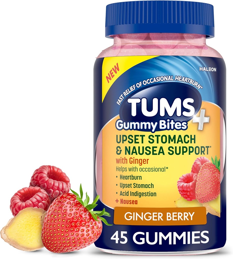 TUMS Plus Upset Stomach & Nausea Support, Dietary Supplement, Ginger Berry - 45 Count