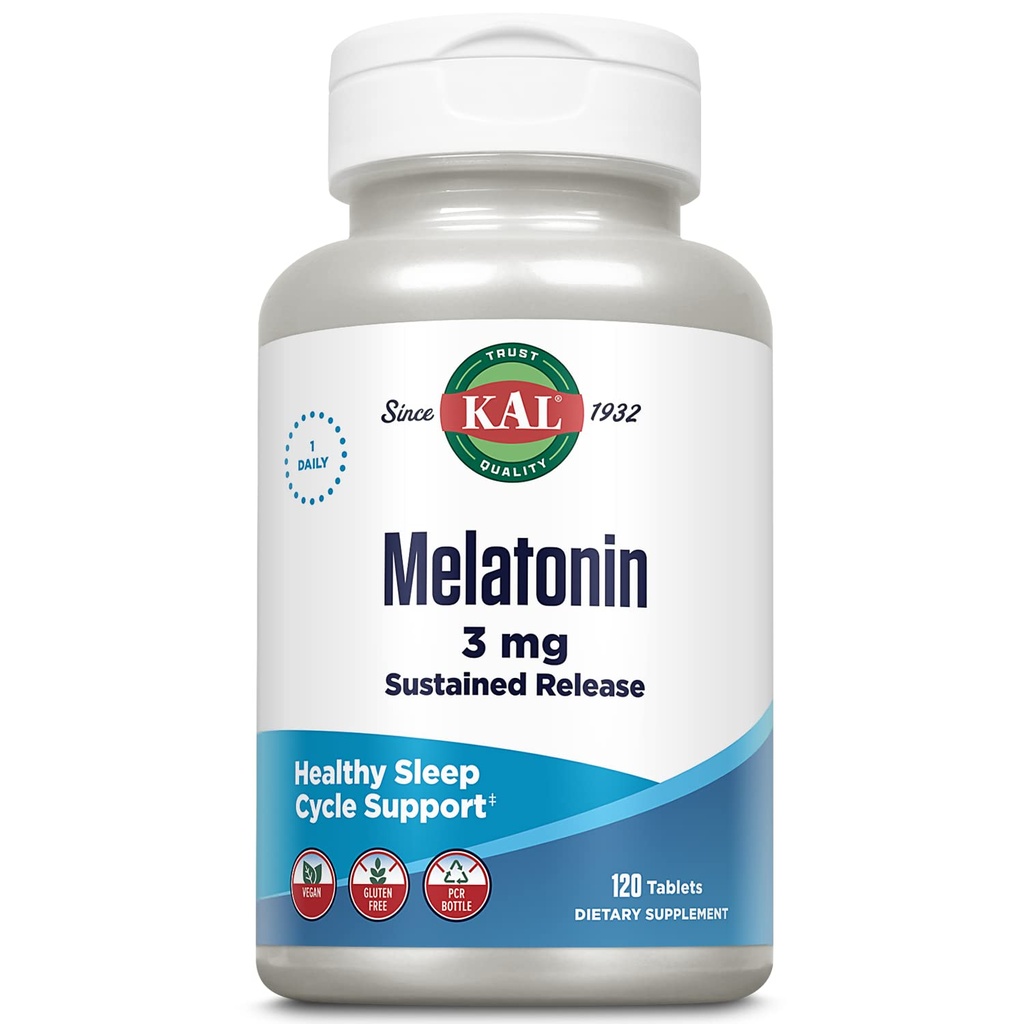 KAL Melatonin 3mg Supplement for Adults - Sleep and Rest Support, Melatonin 3 mg w/ Vitamin B6 for Men & Women, Fast Dissolve, Promotes Healthy Sleep Cycles, Gluten Free, Vegan - 120 Count Tablets
