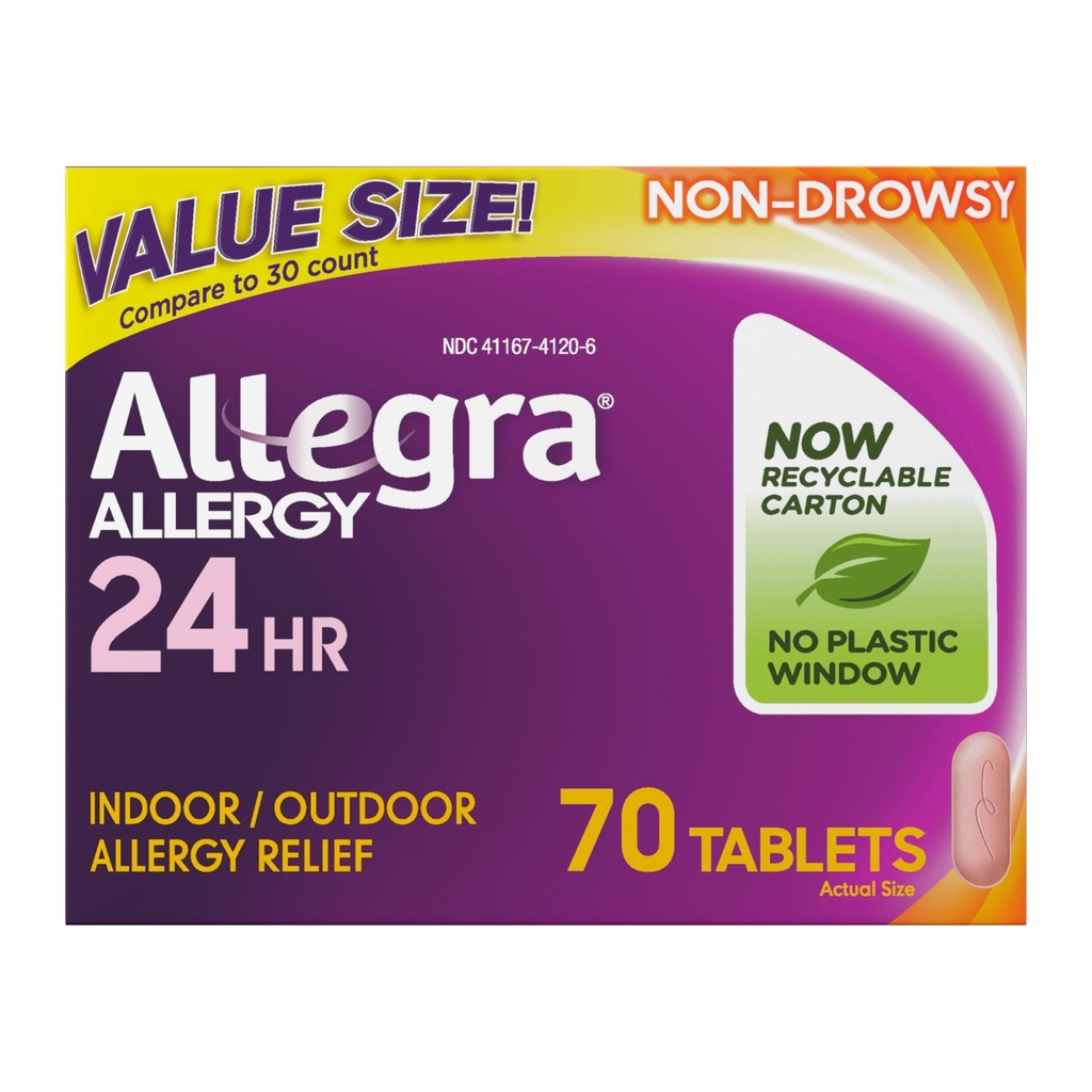Allegra Ενηλίκων 24ωρης Αλλεργίας δισκία ανακούφισης, Μη- Νυσταγμένης Εσωτερικής και Εξωτερικής Αλλεργίας Ιατρική, 180 mg Fexofenadine HCI Αντιισταμινικό χάπι, 70- Count