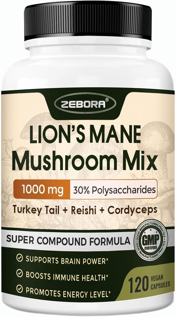 ZEBORA Lions Mane Supplement Capsules - Mushroom Supplement with Lions Mane, Cordyceps, Reishi, Turkey Tail, Shiitake - Lion's Mane Mushroom for Memory, Focus & Immune Support - 119 Vegan Caps