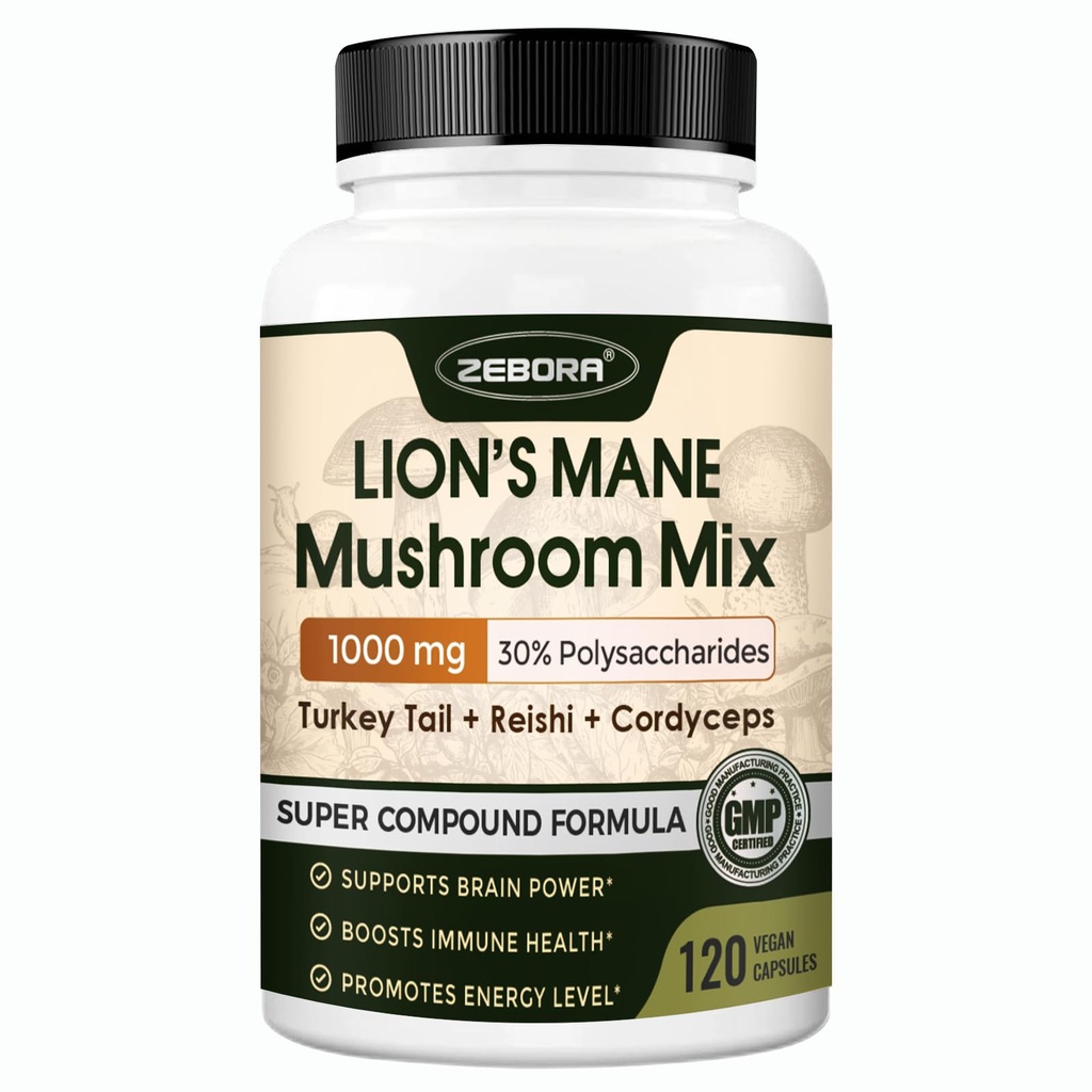 ZEBORA Lions Mane Supplement Capsules - Mushroom Supplement with Lions Mane, Cordyceps, Reishi, Turkey Tail, Shiitake - Lion's Mane Mushroom for Memory, Focus & Immune Support - 119 Vegan Caps