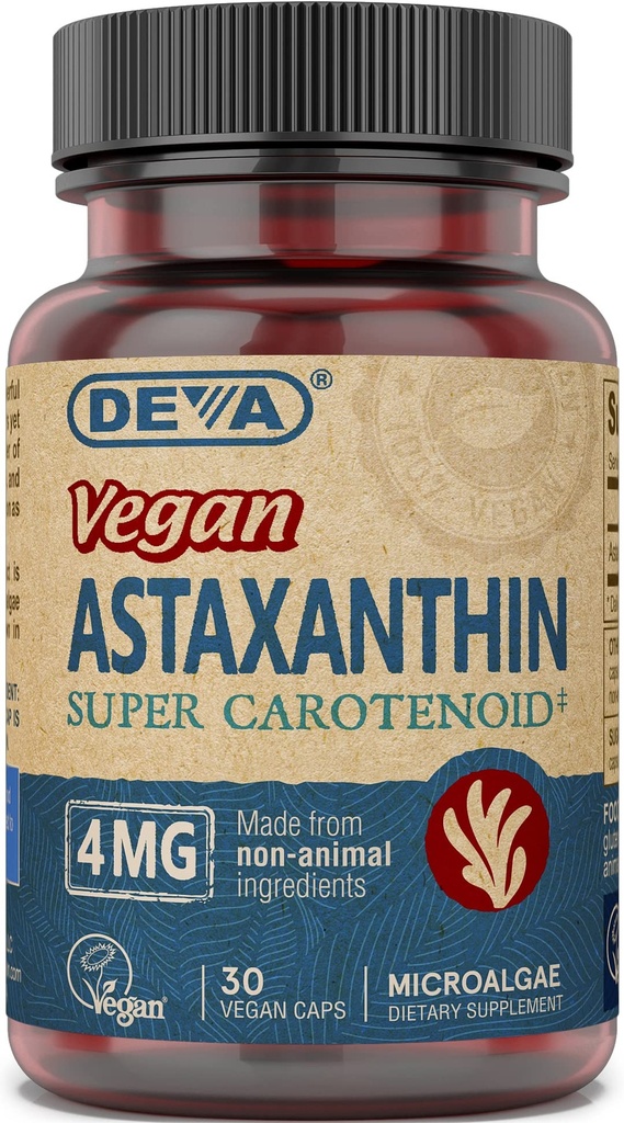 DEVA Διατροφή Βιταμίνες Ασταξανθίνη 4mg, Vegan, Φτιαγμένη από Haematococcus Pluvialis Microalgae, 30 Κάψουλες, 2-Pack
